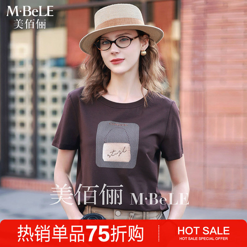 美佰俪别致印花莫代尔棉短袖t恤女2025夏季新款宽松显瘦体恤上衣