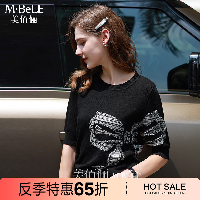 美佰俪天丝针织衫女2025秋季新款莱赛尔蝴蝶结提花中袖设计感上衣