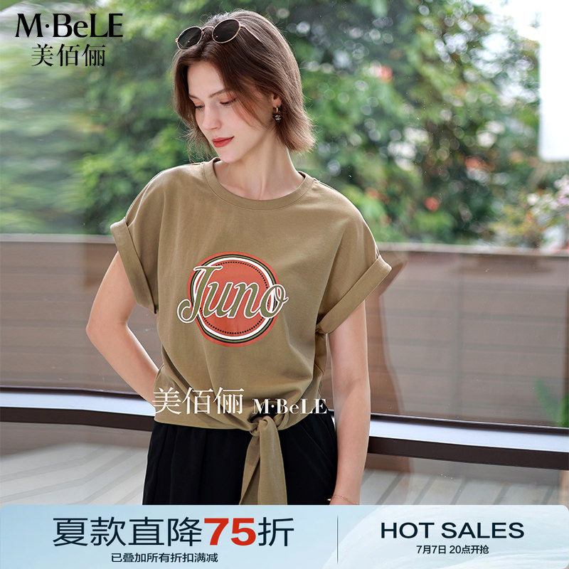 美佰俪2026夏季新款创意字母印花绑带短袖T恤衫女设计感休闲上衣图片