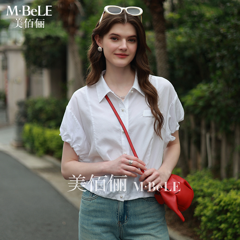 美佰俪纯色棉感短袖衬衫女2025夏季新款设计感泡泡袖减龄宽松衬衣