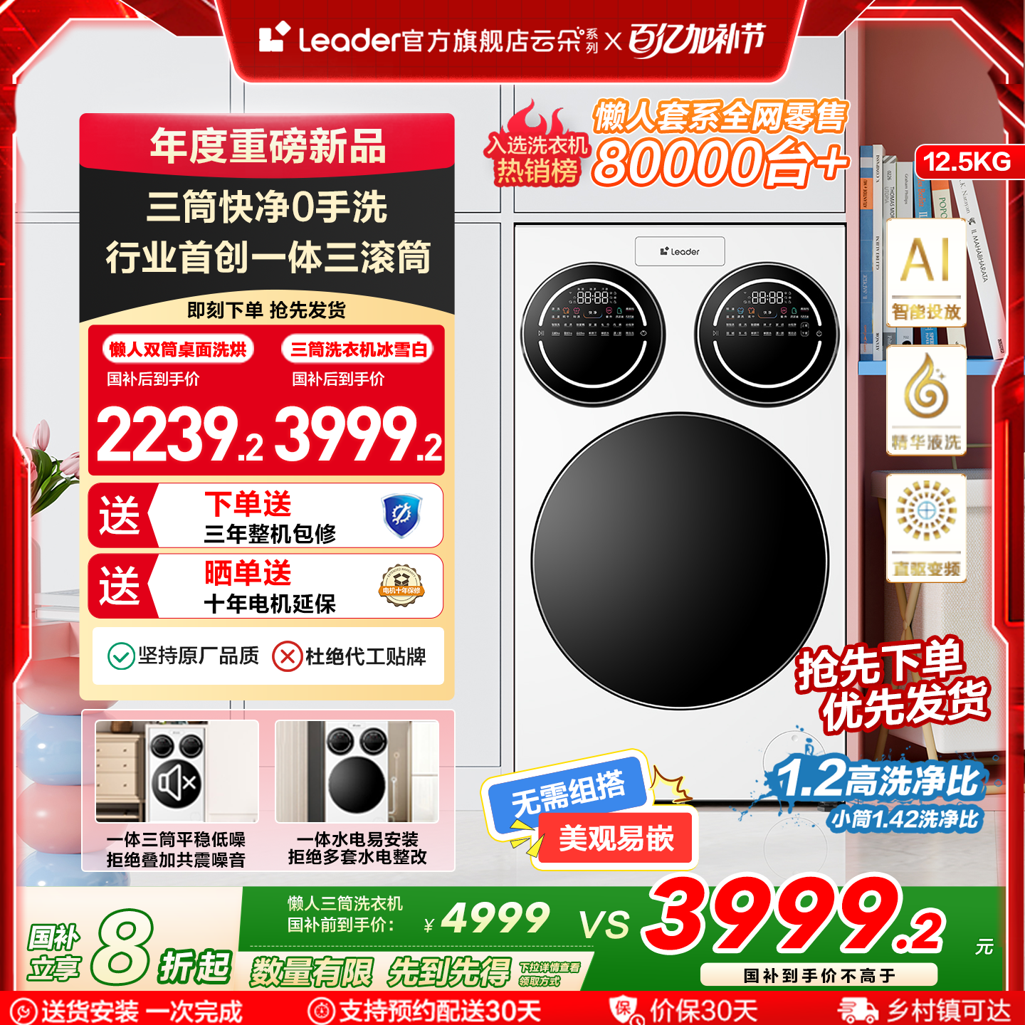 海尔智家统帅/Leader三筒懒人洗衣机滚筒12.5kg家用全自动三桶697
