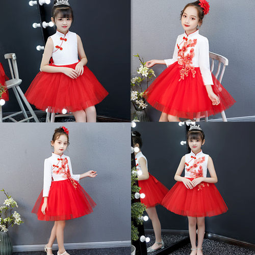 六一儿童演出服红色刺绣公主裙女童蓬蓬纱裙幼儿园合唱舞蹈表演服