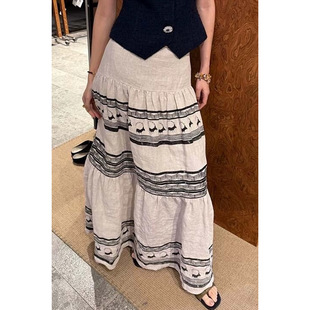 现货 亚麻做旧图腾印花波西米亚风半身裙大裙摆长裙半裙 姜妍同款