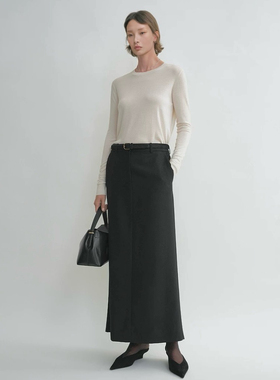 tt*me25早春新款黑色羊毛混纺高腰开叉包臀裙半身裙