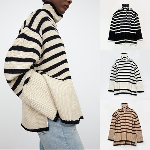 tt*me元版高领羊毛棉混纺条纹毛衣 下摆双侧开衩廓形针织上衣