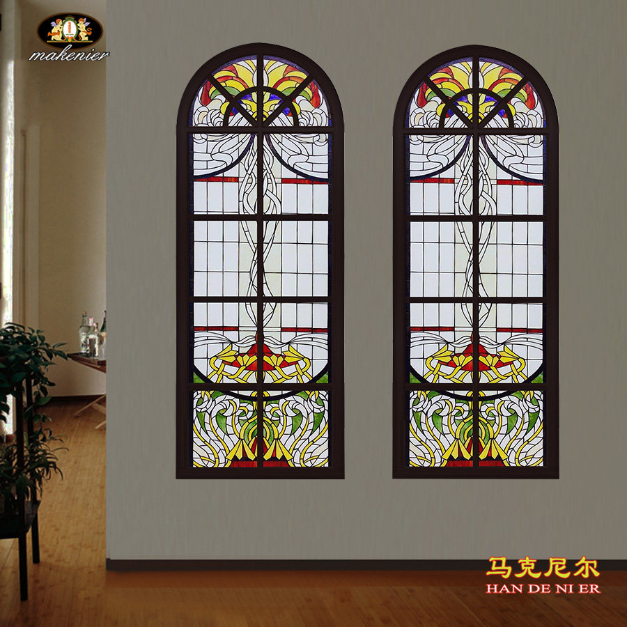 定制拱弧形玄关隔断屏风落地门窗欧式复古镶嵌蒂凡尼彩色艺术玻璃