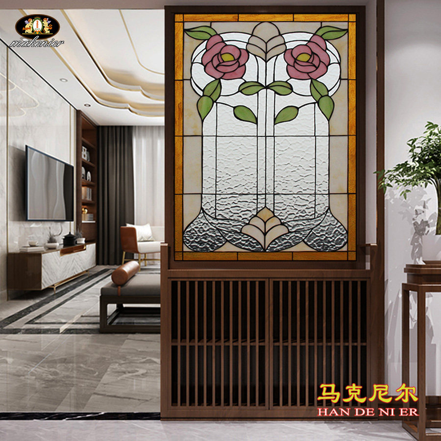 定制玄关隔断鞋柜屏风门窗欧式复古玫瑰花彩色巴洛克教堂艺术玻璃