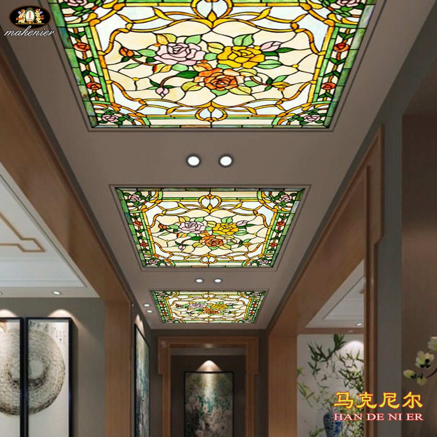 定制玄关过道吊顶隔断门窗欧式镶嵌复古典玫瑰花装饰彩色艺术玻璃