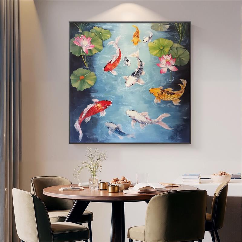 中式九鱼图油画方形餐厅墙面装饰画锦鲤客厅走廊过道挂画手绘肌理图片