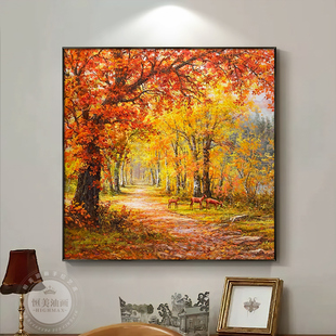 黄金大道手绘油画餐厅玄关装饰画现代轻奢风景油画林中小鹿方形画