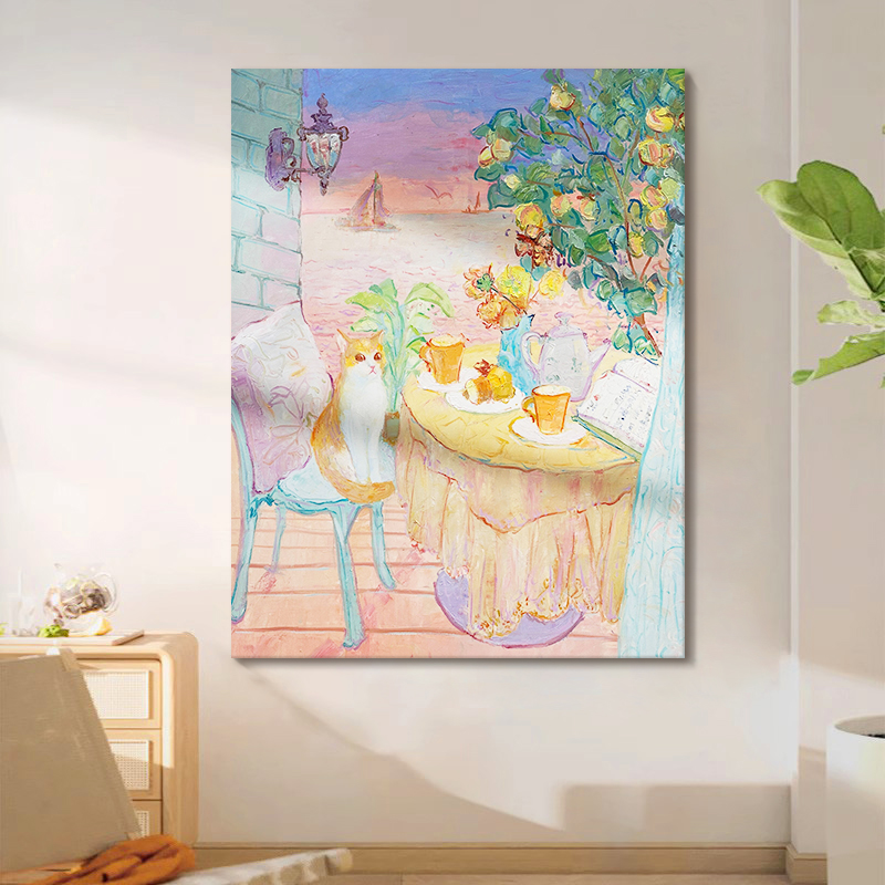 小众艺术马蒂斯手绘油画彩色潮流可爱猫咪装饰画客厅玄关肌理挂画图片
