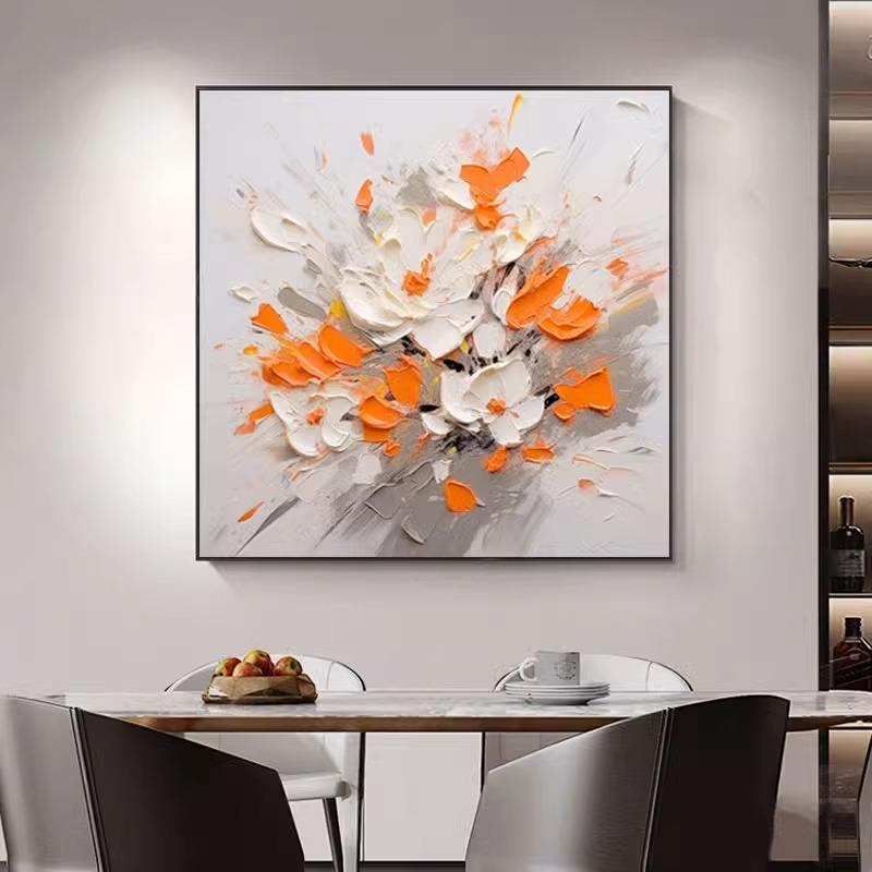 手绘油画客厅沙发背景墙装饰画正方形花卉肌理玄关高级感挂画图片