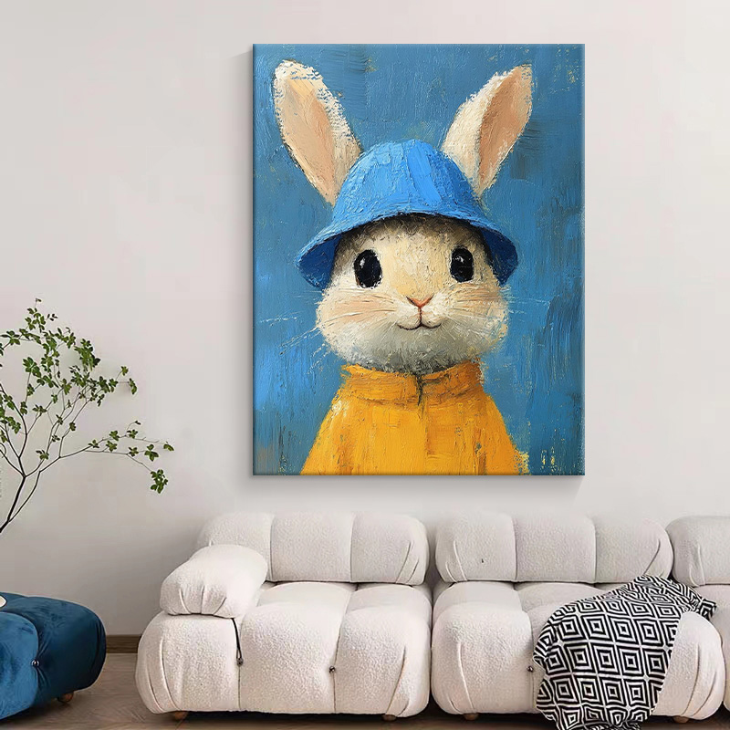 可爱兔子纯手绘油画卡通动物儿童房装饰画客厅挂画玄关无框肌理画图片