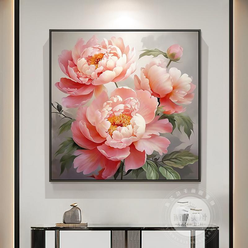 富贵牡丹花餐厅装饰画大幅方形美式玄关挂画新中式客厅手绘油画图片