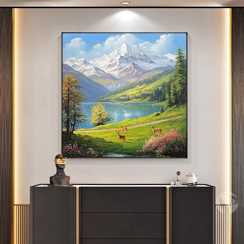 知意餐厅装饰画手绘油画肌理感正方形玄关柜台挂画客厅沙发背景墙图片