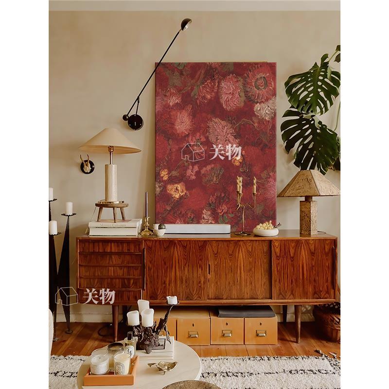 中古风抽象红色牡丹花卉肌理手绘油画复古艺术客厅装饰画玄关挂画图片