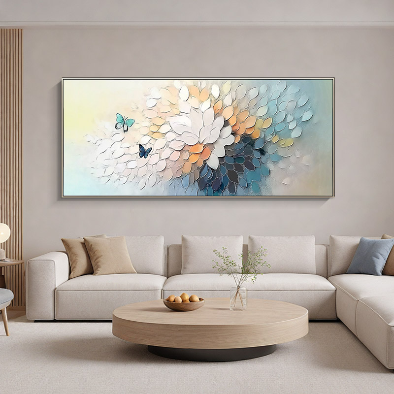 奶油风手绘油画蝴蝶花卉客厅沙发背景墙装饰画高级感床头卧室挂画图片
