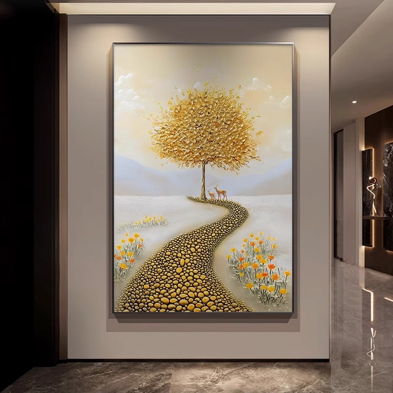 金色福鹿玄关手绘油画发财树大芬村客厅沙发背景墙挂画过道肌理画图片