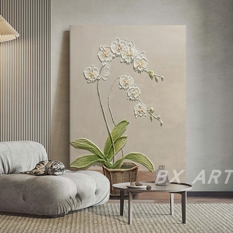 奶油风立体花卉手绘油画客厅餐厅白玉兰花卉装饰画高级感玄关挂画图片