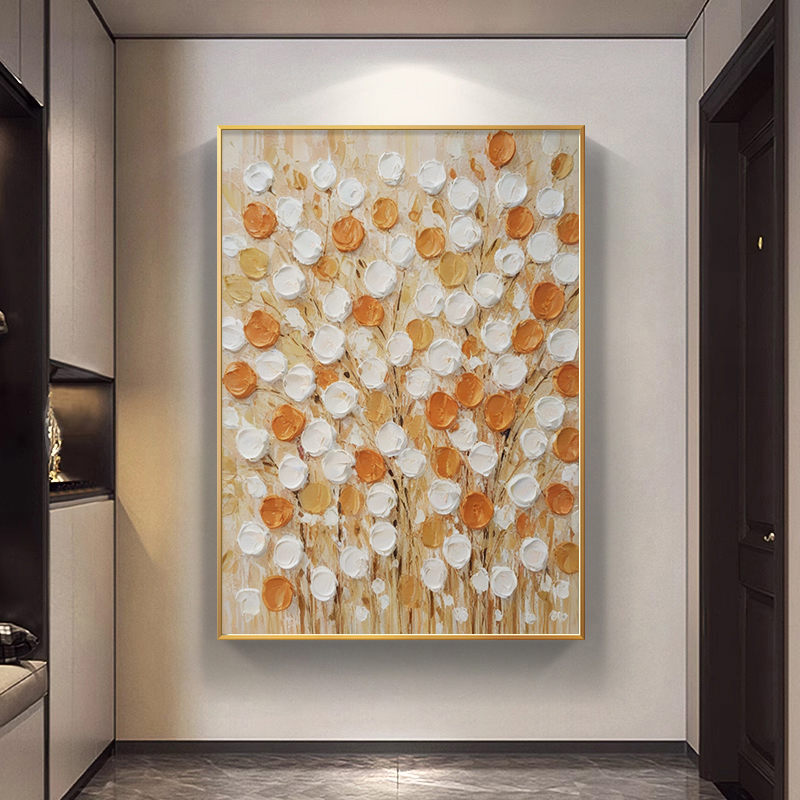 纯手绘油画客厅装饰画抽象简约高级感花卉立体玄关肌理背景墙挂画图片