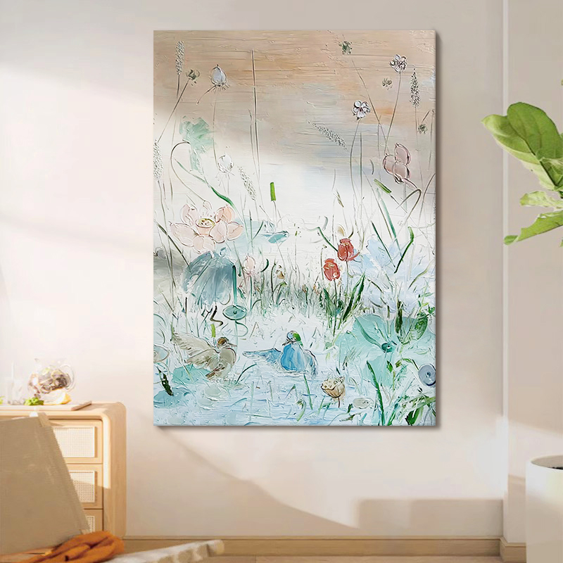 小众艺术鸳鸯戏水手绘油画潮流荷花塘装饰画客厅玄关卧室肌理挂画图片