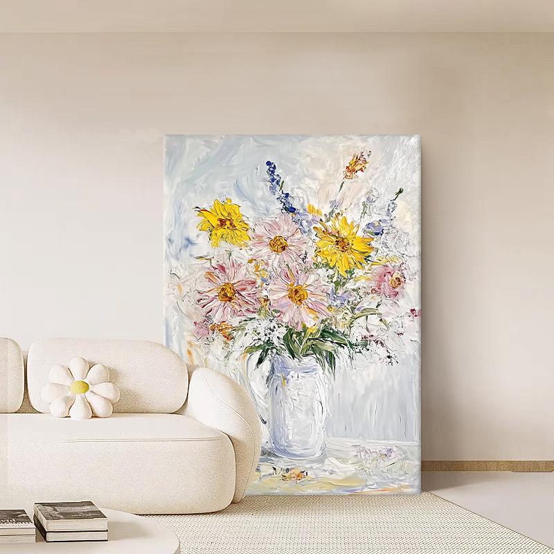 奶油风彩色花卉肌理手绘油画立体抽象艺术客厅挂画入户玄关装饰画图片