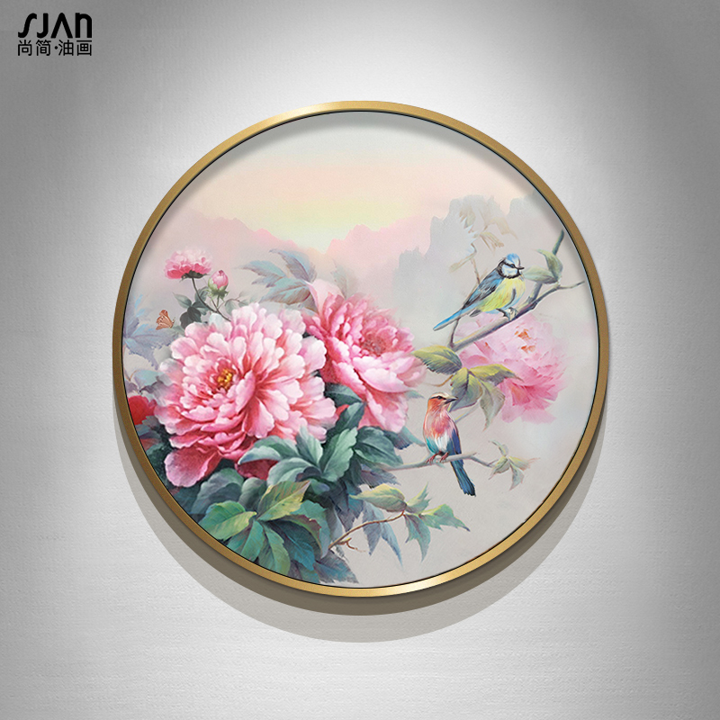 手绘油画新中式牡丹进门玄关客厅装饰画餐厅圆形挂画现代壁画花卉图片