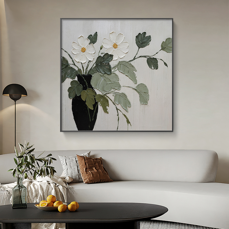 侘寂风花卉立体肌理油画餐厅装饰画玄关客厅背景墙卧室床头挂画图片