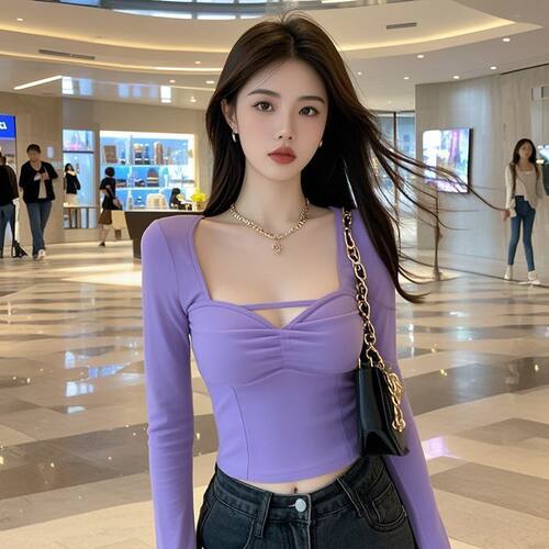 长袖T恤女新款纯欲风辣妹性感方领设计感褶皱修身显瘦短款上衣