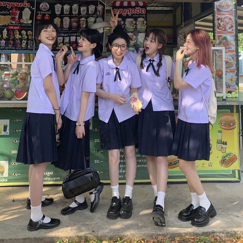 泰国泰式校服套装女jk制服大码学院风班服短袖衬衫裙子高中毕业夏
