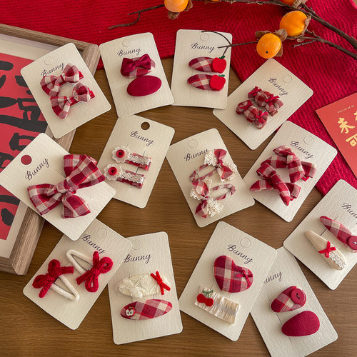 冬季新款红色格纹几何蝴蝶结发夹气质百搭女孩发卡后脑勺碎发头饰