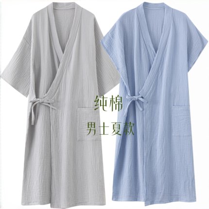 夏款纯棉抗菌纱布浴袍绑带睡衣成人男女睡袍全棉洗澡浴衣汗蒸服