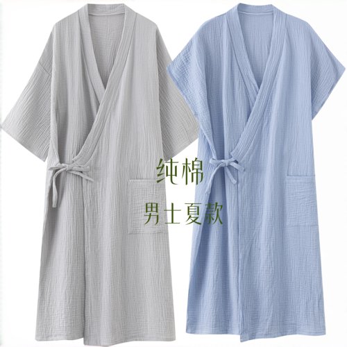 夏款纯棉抗菌纱布浴袍绑带睡衣
