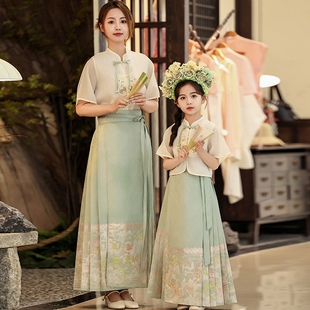 夏款 2024儿童新中式 马面裙套装 女童夏季 国风绿色汉服新中式 亲子装