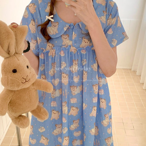 可爱小狗双层棉纱睡裙纯棉家居服