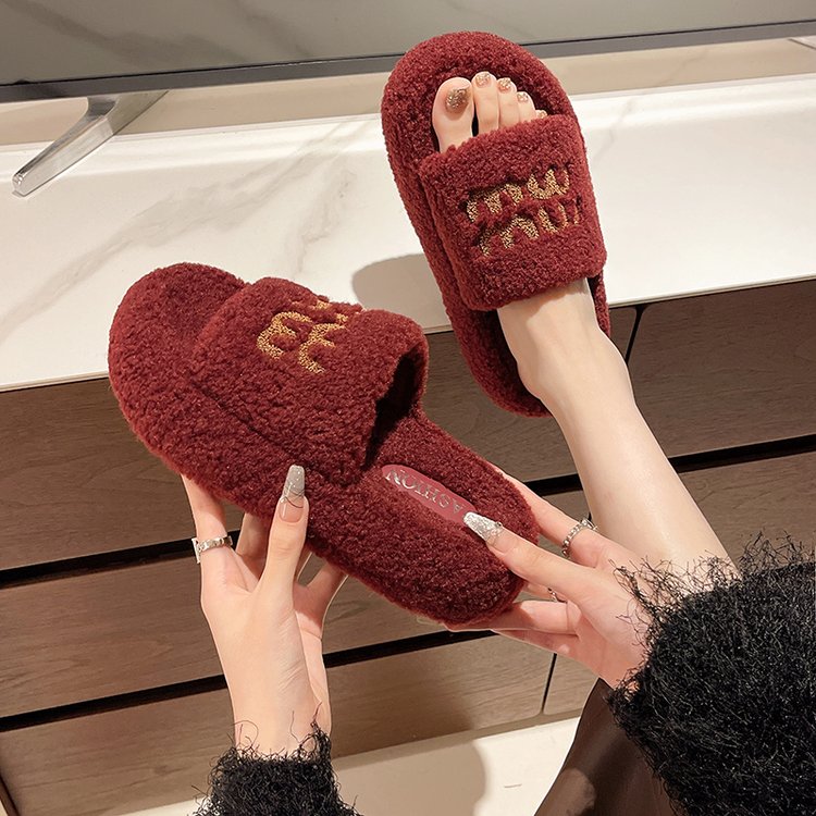 2024年秋冬季新款平底时尚羊羔毛毛拖鞋女外穿毛绒茸茸懒人棉拖鞋