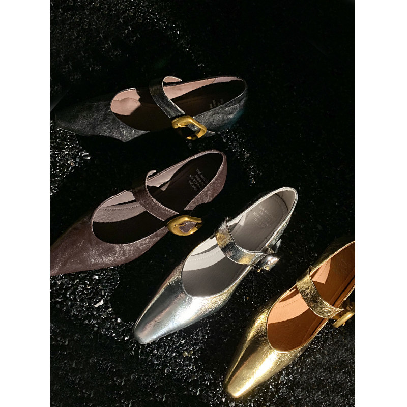 le queen单鞋女2024新款 法式复古金银色玛丽珍鞋中跟一字扣女鞋