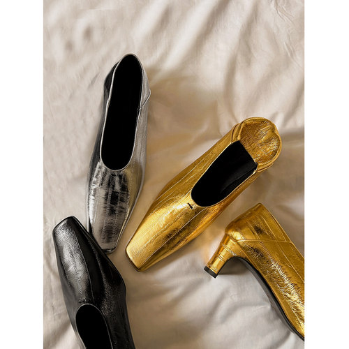 Le' Queen法式金色单鞋气质名媛方跟翘头洋气鳗鱼纹高跟鞋女春秋