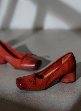 Le' Queen 设计师原创 手工高定 猪鼻水洗马皮单鞋蝴蝶结中跟浅口