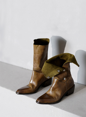 Le' Queen「原创设计师」意大利植鞣水洗马皮西部靴暗扣靴子中筒