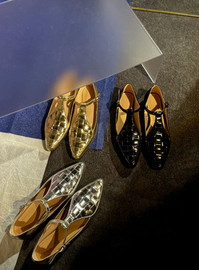 Le' Queen 编织的艺术 法式淑女杏头玛丽珍鞋T字扣带牛皮平底单鞋