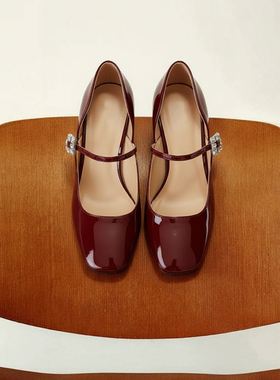 Ls' rommors水钻方扣一字带v型浅口单鞋女粗跟牛漆皮高跟玛丽珍鞋