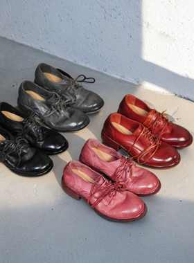 Le' Queen 英伦风小皮鞋女圆头粗跟系带意式水洗植鞣马皮德比单鞋