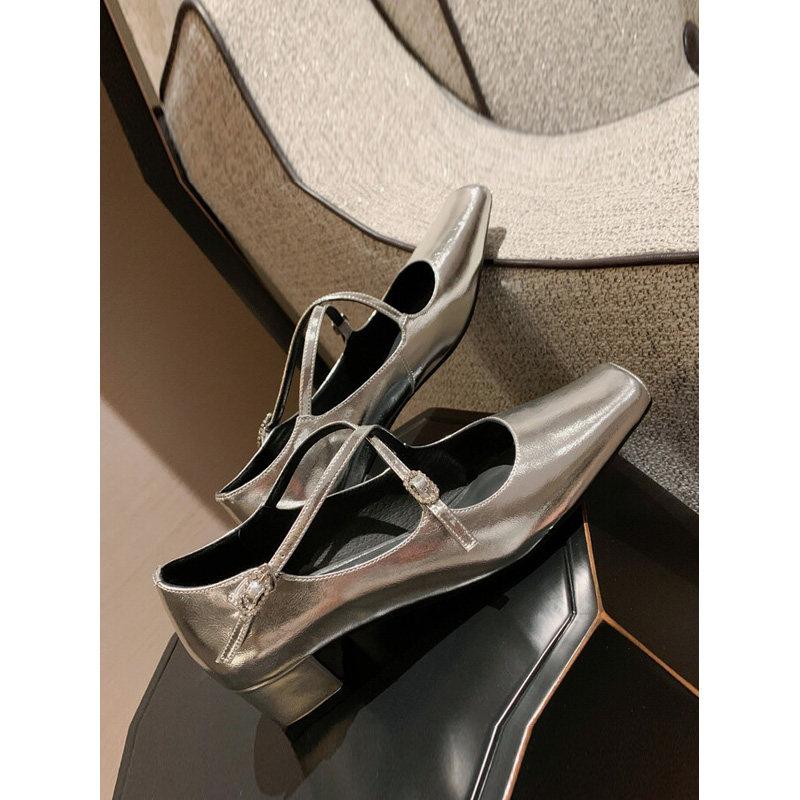 le queen银色玛丽珍鞋方头交叉一字扣带粗跟单鞋酒红中跟大码41