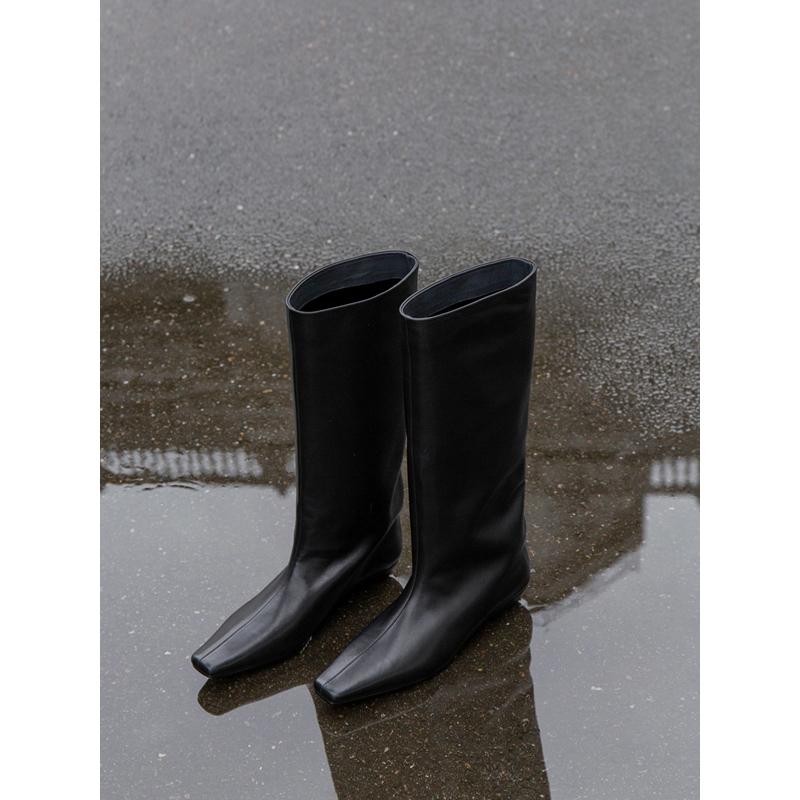 Le' Queen舒适小坡跟 胎牛皮宽筒粗腿长靴低跟直筒及膝骑士靴高筒