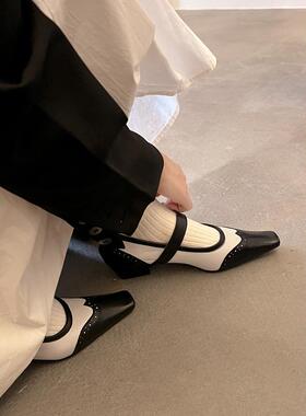 Le' Queen赫本序曲 黑白撞色拼接布洛克雕花玛丽珍单鞋方头女皮鞋