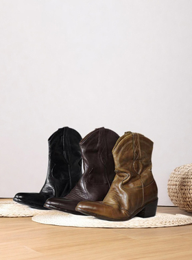 Le' Queen 美式复古 擦色水洗马皮刺绣西部靴短筒牛仔靴女秋冬新