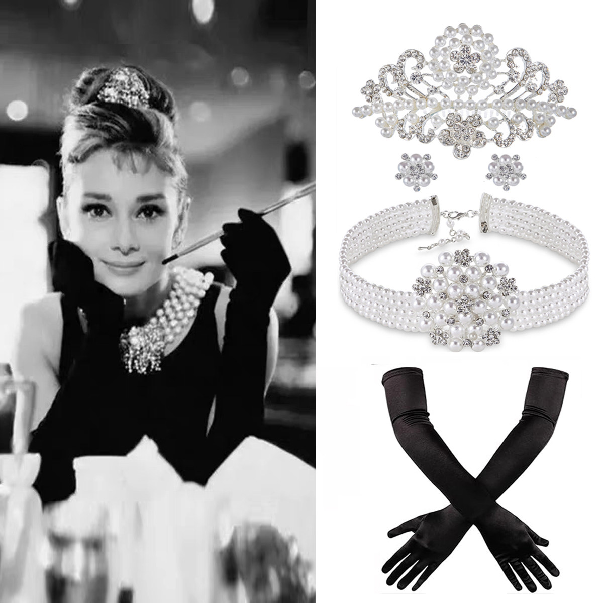 复古赫本蒂凡尼的早餐多层仿珍珠项链烟杆长款手套表演配饰太阳镜