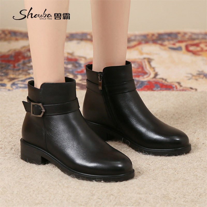 兽霸2025新款马丁靴女妈妈短靴真皮冬季加绒保暖棉靴黑色低跟防滑