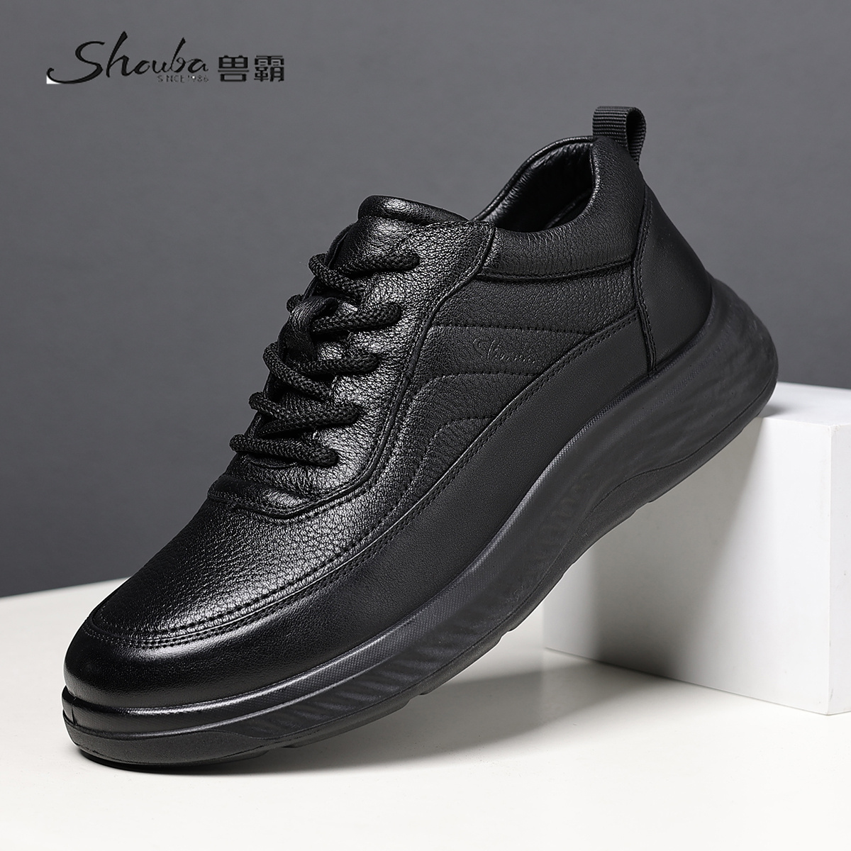 兽霸男鞋2025春秋新款真皮透气运动休闲板鞋男士厚底时尚百搭皮鞋